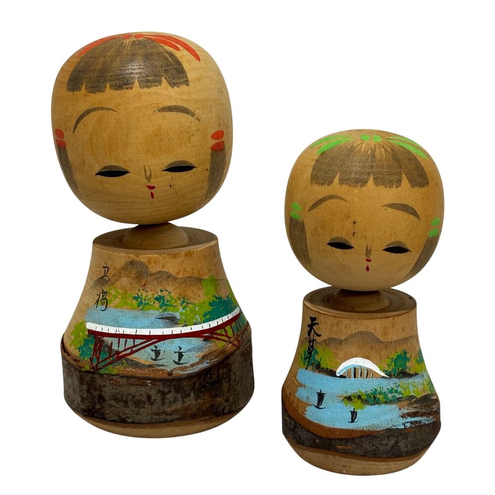 Vintage Kokeshi dolls mother & child carved wood bobble head hand painted bark